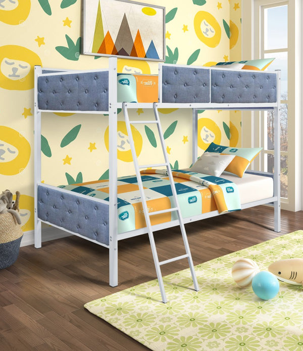 White Blue Twin Over Twin Upholstered Bunk Bed