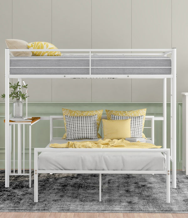 White Twin Over Full Size Metal Bunk Bed with Desk