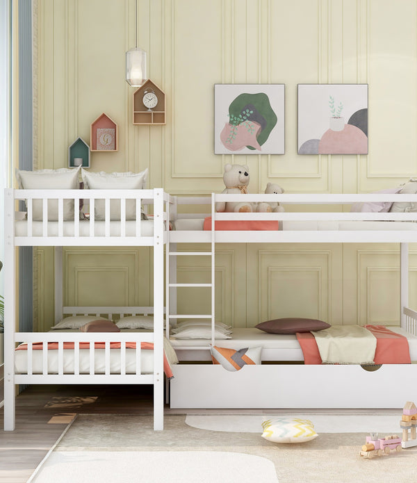 White Twin Size L Shaped Double Bunk Bed with Drawer
