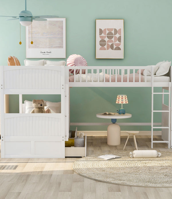 White Twin Size Bunk Bed with attached Loft Bed and Drawers