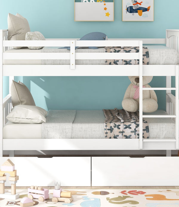 White Double Twin Size Ladder Bunk Bed With Drawers