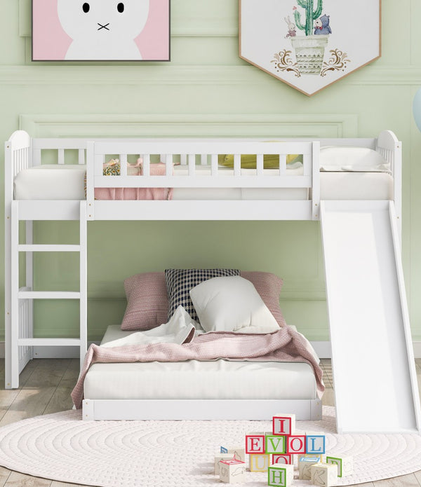 White Double Twin Size Ladder and Slide Bunk Bed