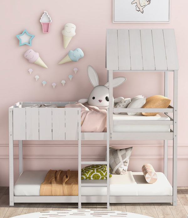 Wash White Double Twin Size Bunk Bed with Roof