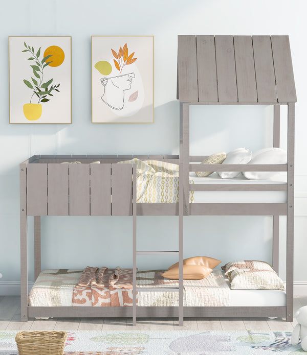 Wash Gray Double Twin Size Bunk Bed with Roof