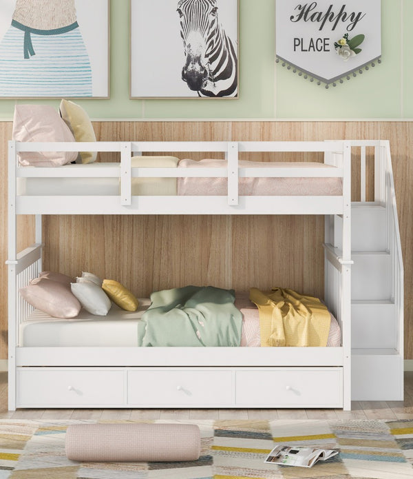 White Double Full Size Stairway Bunk Bed With Drawer