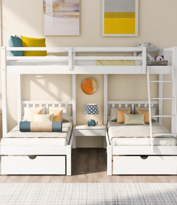 White Full Over Two Twins Triple Bunk Bed