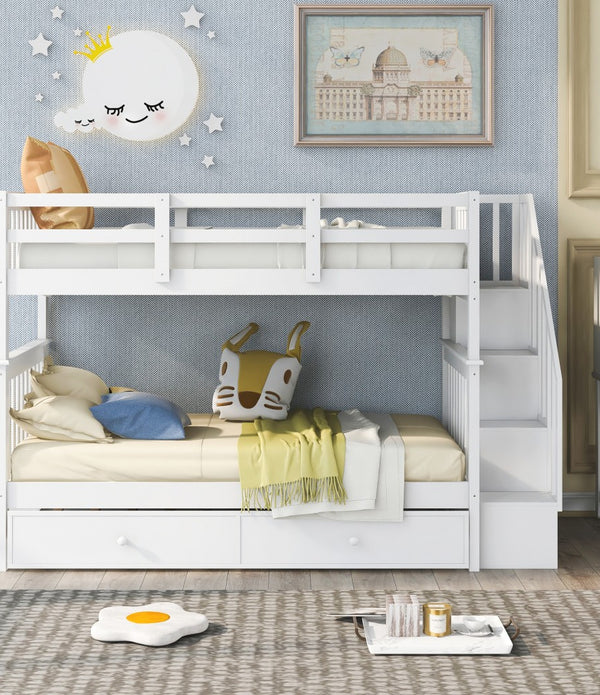 White Double Twin Size Stairway Bunk Bed