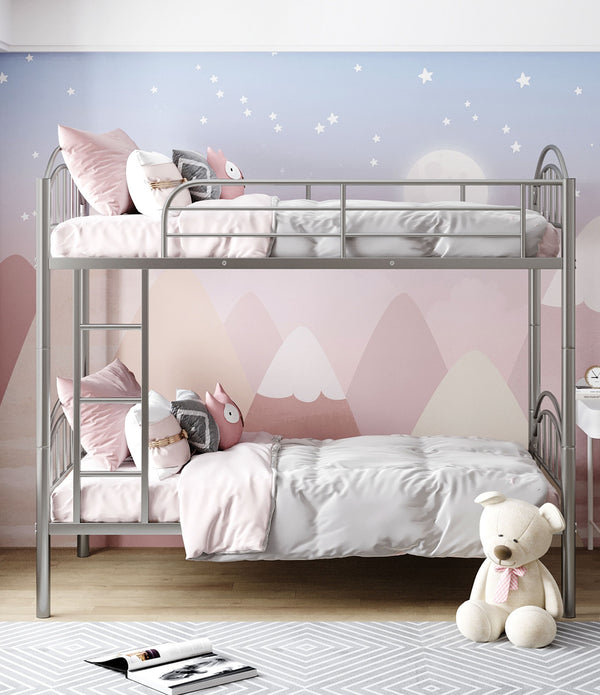 Silver Modern Classic Twin Over Twin Metal Bunk Bed