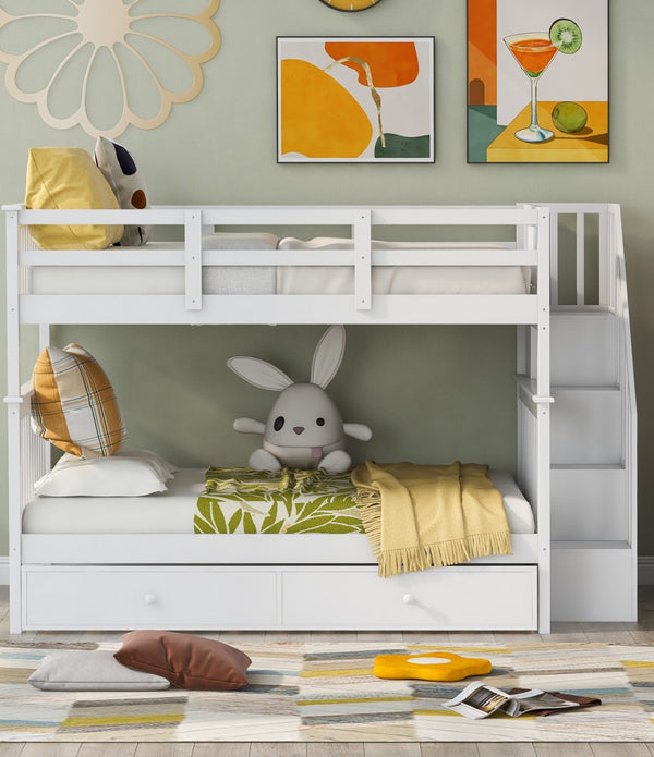 White Full Over Full Bunk Bed with Stairway Drawers and Trundle