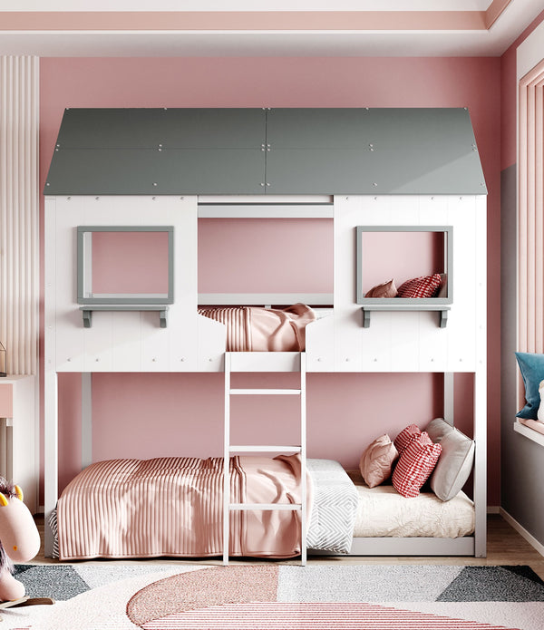 White and Dark Gray Twin Over Twin Doll House Bunk Bed