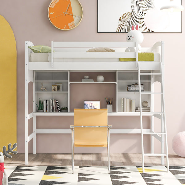 White Twin Size Loft Bed with Desk and Shelves