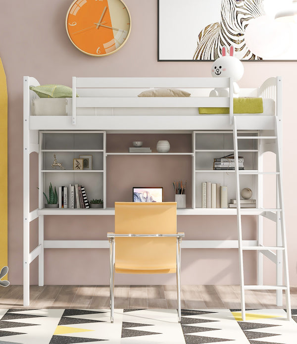 White Twin Size Loft Bed with Desk and Shelves