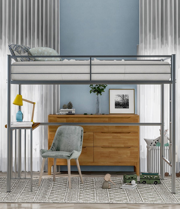 Silver Metal Twin Size Loft Bed with Desk