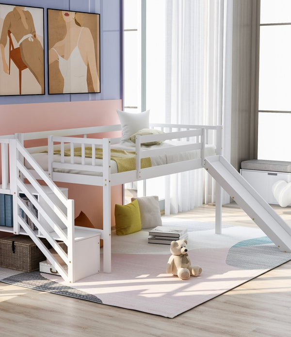 White Twin Size Low Loft Bed With Slide