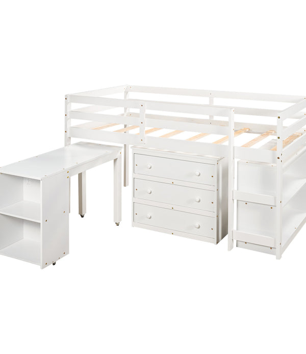 White Twin Size Low Loft Bed with Desk and Dresser