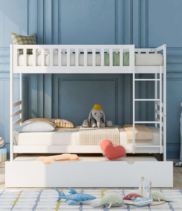White Twin Over Twin Solid Wood Bunk Bed With Trundle