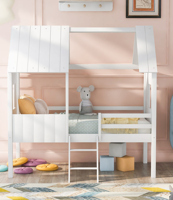 White Twin Size Loft House Bed withSide Windows