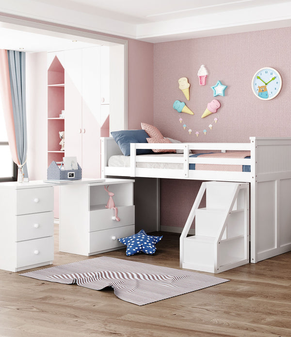 White Twin Size Low Loft Bed With Portable Desk
