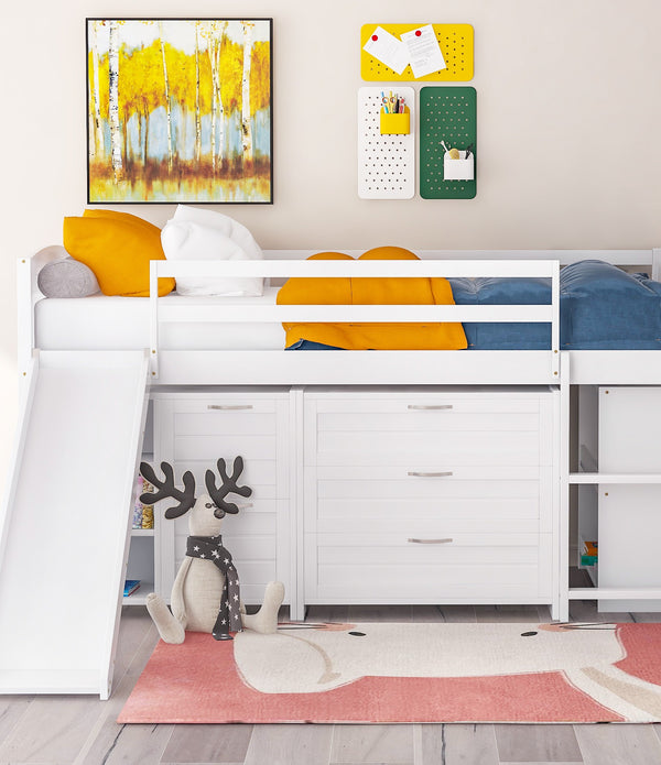 White Twin Size Low Loft Bed With Cabinets and Slide