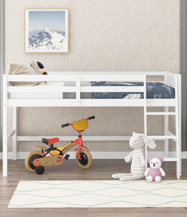 White Twin Size Low Loft Bed With Ladder