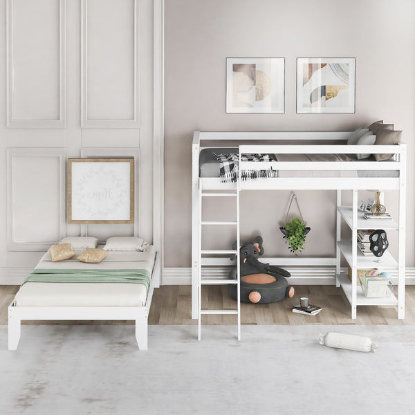 White Double Twin Size Ladder Loft Bed
