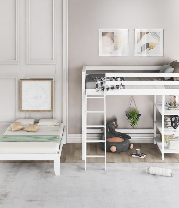 White Double Twin Size Ladder Loft Bed