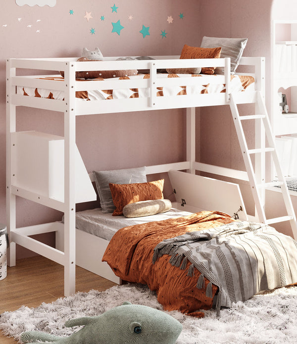 White Convertible Twin over Twin Bunk Bed with Storage