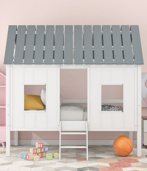 Playhouse with Windows and Roof White Twin Size Low Loft Bed