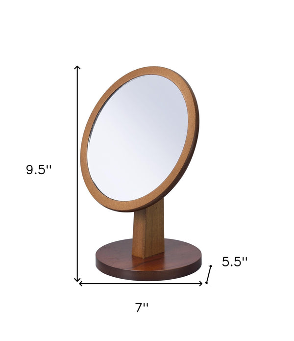 Walnut Finish Round Vanity Mirror on Pedestal