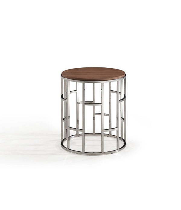 Stylish Silver And Walnut Round Geometric End or Side Table