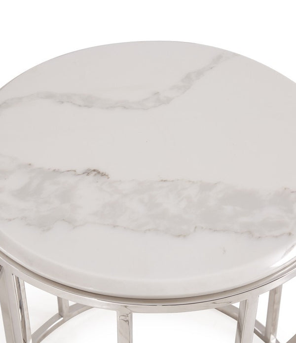 Stylish Silver And White Marble Round Geometric End or Side Table