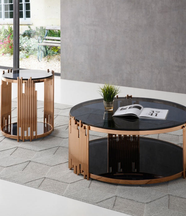 Stylish Round Rose Gold And Smoked Glass End Table